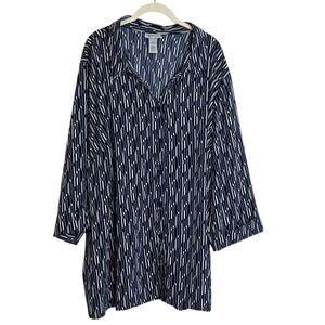 Catherines Womens Blouse 4X Navy White Geometric Button Front Tunic 3/4 Sleeve
